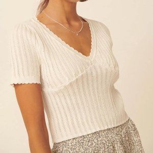 Promesa Womens Pointelle Crop Short Sleeve Shirt Ruffle Detail White Size Large